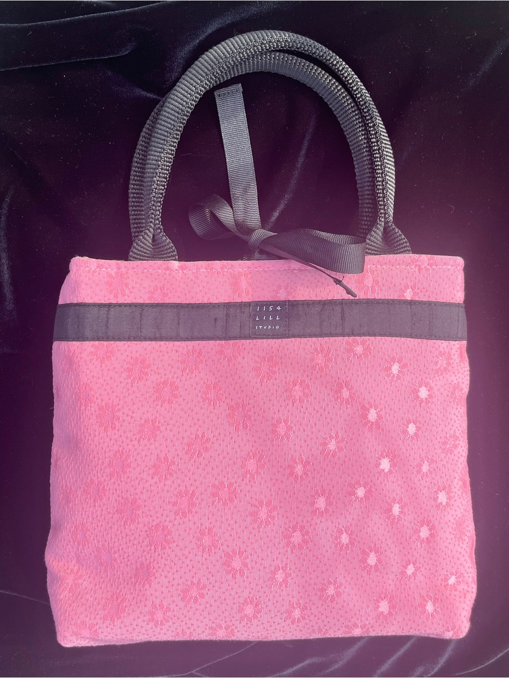 Lisa Lill Studio Mini Tote Floral Fabric Ribbon Tie Retro Pink Black